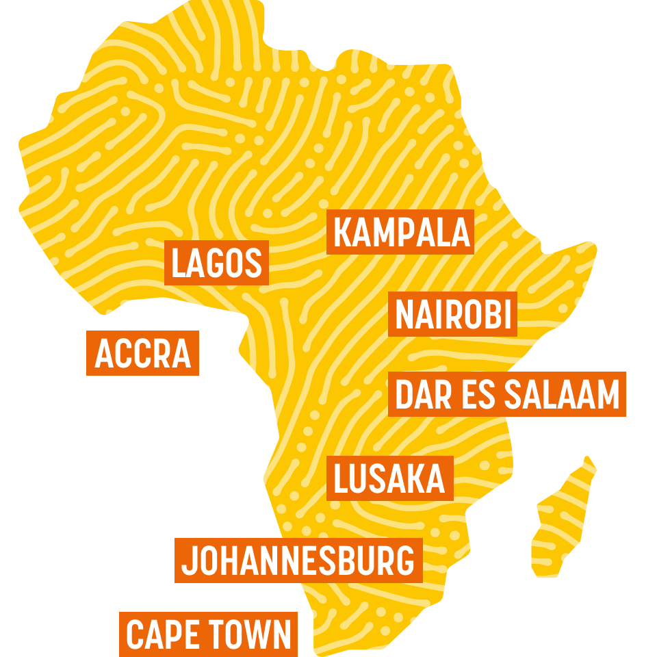 Accra, Cape Town, Dar es Salaam, Johannesburg, Kampala, Lagos, Lusaka, Nairobi